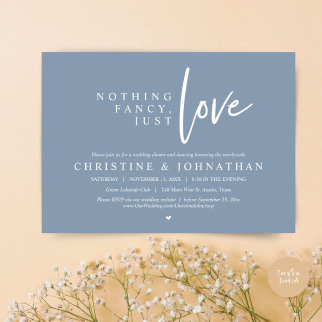 Invitación Nada Fancy, Sólo Amor, Cena Boda Elopement (Nothing Fancy, Just Love, Wedding Elopement Dinner Invitation Card, PDF, in Dusty Blue)