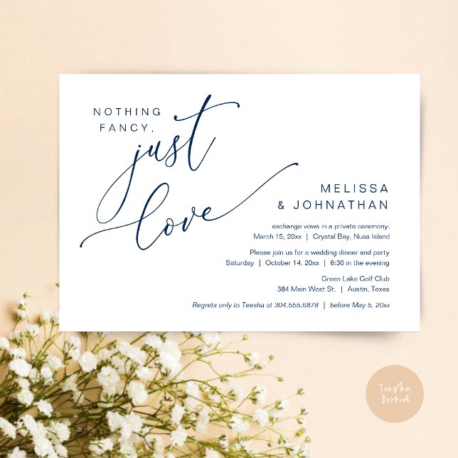 Invitación Nada Fancy, Sólo Amor, Cena Boda Elopement (Nothing Fancy, Just Love, Wedding Elopement Dinner Invitation Card, PDF, in Navy Blue)