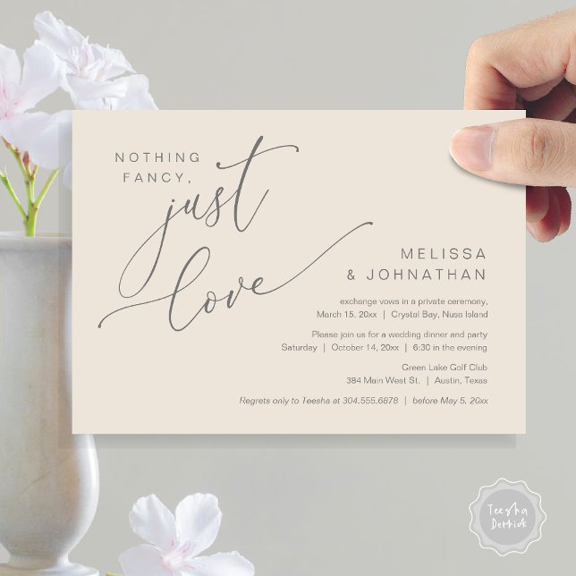 Invitación Nada Fancy, Sólo Amor, Cena Boda Elopement (Nothing Fancy, Just Love, Wedding Elopement Dinner Invitation Card, PDF, in Cream and Grey)