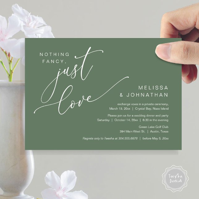 Invitación Nada Fancy, Sólo Amor, Cena Boda Elopement (Nothing Fancy, Just Love, Wedding Elopement Dinner Invitation Card, PDF, in Sage Green)