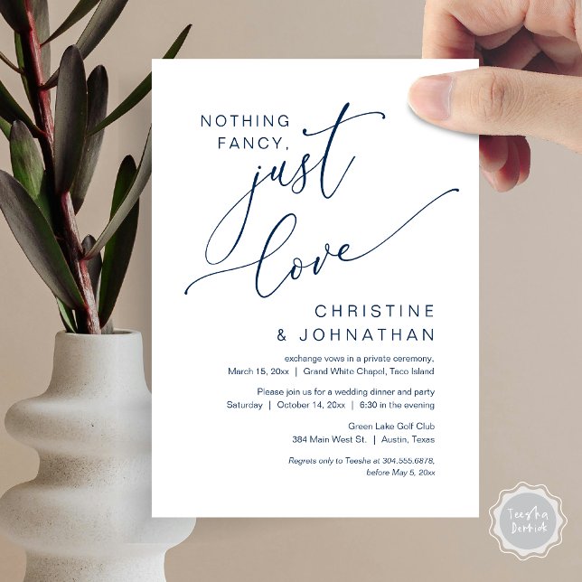 Invitación Nada Fancy, Sólo Amor, Cena Boda Elopement (Nothing Fancy, Just Love, Wedding Elopement Dinner Party Invitation Card, PDF, Navy Blue)
