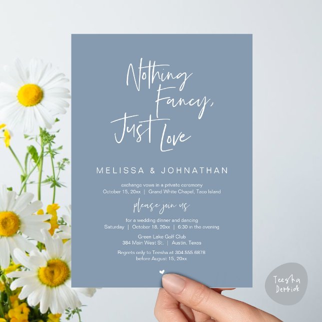 Invitación Nada Fancy, Sólo Amor, Cena Boda Elopement (Happily Ever After Party, Wedding Elopement Dinner Brunch Lunch Invitation Card, PDF, Dusty Blue)