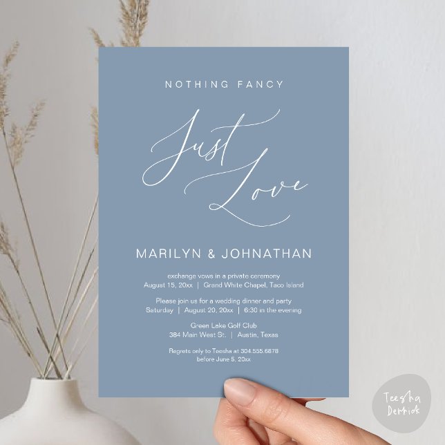 Invitación Nada Fancy, Sólo Amor, Cena Boda Elopement (Nothing Fancy, Just Love, Wedding Elopement Dinner Brunch Lunch Party Invites Card PDF, Dusty Blue)