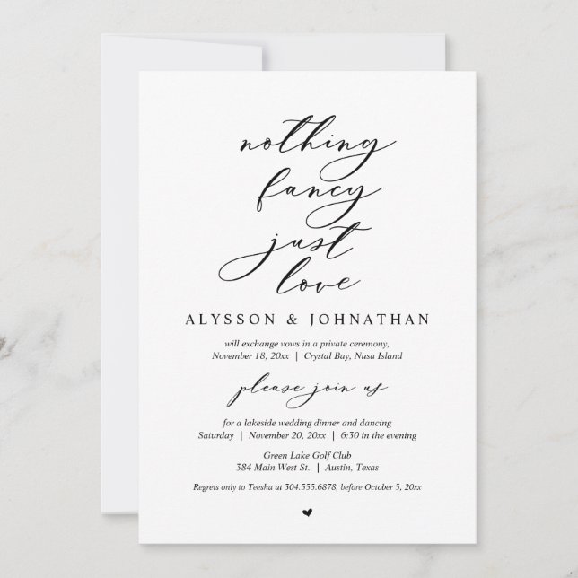 Invitación Nada Fancy, Sólo Amor, Cena Boda Elopement (Anverso)