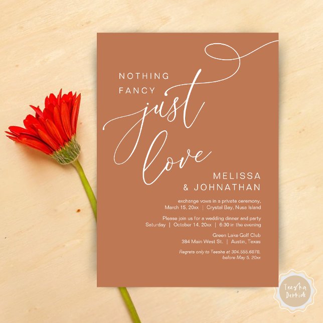 Invitación Nada Fancy, Sólo Amor, Cena Romántica Boda (Nothing Fancy, Just Love, Romantic Wedding Elopement Dinner Invitation Card, PDF, Copper Rust)