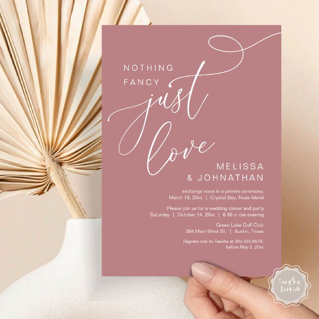 Invitación Nada Fancy, Sólo Amor, Cena Romántica Boda (Nothing Fancy, Just Love, Romantic Wedding Elopement Dinner Invitation Card, PDF, Dusty Rose Pink)