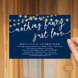 Invitación Nada Fancy, Sólo Amor, Cena Rústica Boda<br><div class="desc">Anuncie su gusto por siempre con estilo (Nothing Fancy, Just Love) con nuestro moderno rústico fondo azul marino, luces de cuerda de cabaña diseño tarjeta de invitación a la celebración de la celebración de la independencia del boda. Nuestra tarjeta de invitación a la celebración de Fiestas es ideal para parejas...</div>