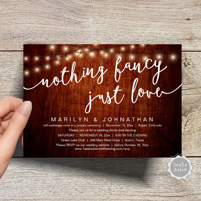 Invitación Nada Fancy, Sólo Amor, Cena Rústica Boda (Nothing Fancy, Just Love, Rustic Cottage String Lights, Wedding Dinner Invites Card, PDF, Brown Wood)