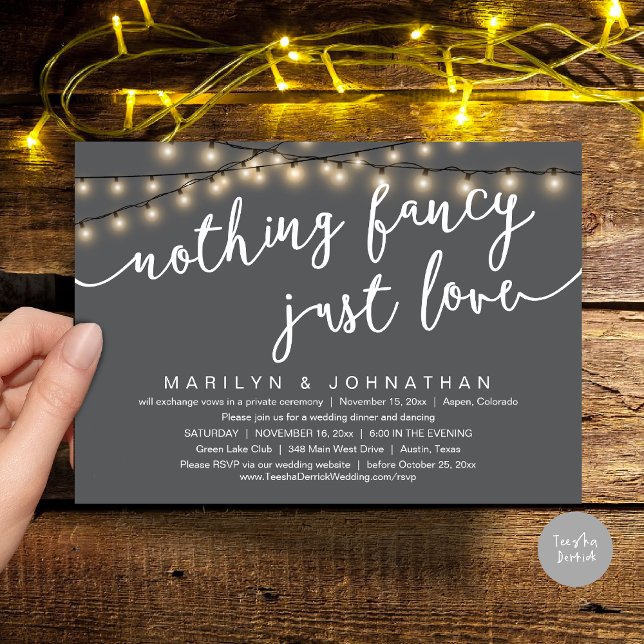 Invitación Nada Fancy, Sólo Amor, Cena Rústica Boda (Nothing Fancy, Just Love, Rustic Cottage String Lights, Wedding Dinner Invites Card, PDF, Dark Grey)