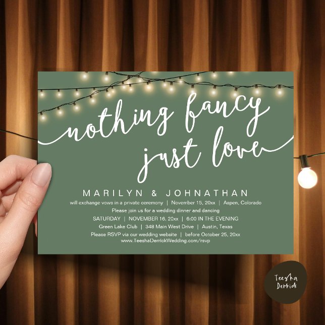 Invitación Nada Fancy, Sólo Amor, Cena Rústica Boda (Nothing Fancy, Just Love, Rustic Cottage String Lights, Wedding Dinner Invites Card, PDF, Sage Green)