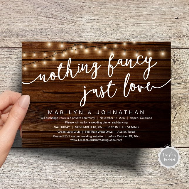 Invitación Nada Fancy, Sólo Amor, Cena Rústica Boda (Nothing Fancy, Just Love, Rustic Cottage String Lights, Wedding Dinner Invites Card, PDF, Brown Wood)