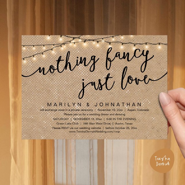 Invitación Nada Fancy, Sólo Amor, Cena Rústica Boda (Nothing Fancy, Just Love, Rustic Cottage String Lights, Wedding Dinner Invites Card, PDF Brown Kraft)
