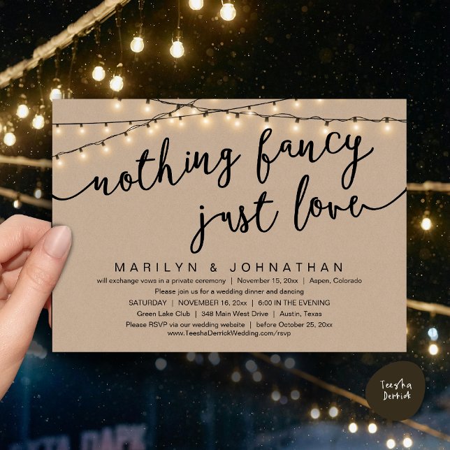 Invitación Nada Fancy, Sólo Amor, Cena Rústica Boda (Nothing Fancy, Just Love, Rustic Cottage String Lights, Wedding Dinner Invites Card, PDF, Brown Kraf)