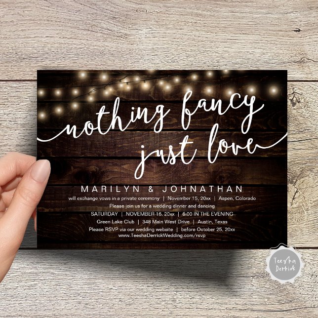 Invitación Nada Fancy, Sólo Amor, Cena Rústica Boda (Nothing Fancy, Just Love, Rustic Cottage String Lights, Wedding Dinner Invites Card, PDF, Brown Wood)