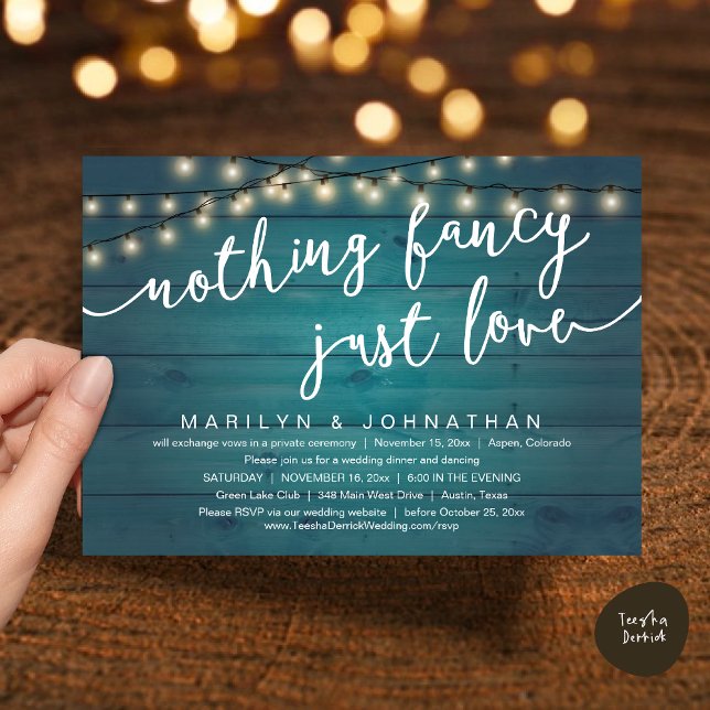 Invitación Nada Fancy, Sólo Amor, Cena Rústica Boda (Nothing Fancy, Just Love, Rustic Cottage String Lights, Wedding Dinner Invites Card, PDF, Teal Blue)