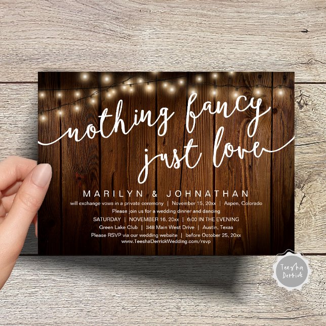 Invitación Nada Fancy, Sólo Amor, Cena Rústica Boda (Nothing Fancy, Just Love, Rustic Cottage String Lights, Wedding Dinner Invites Card, PDF, Brown Wood)