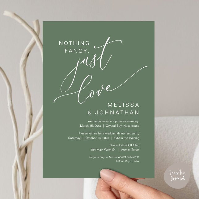 Invitación Nada Fancy, Sólo Amor, Elopement Boda (Nothing Fancy, Just Love, Wedding Elopement Invitation Card, PDF, Greenery Sage Green)