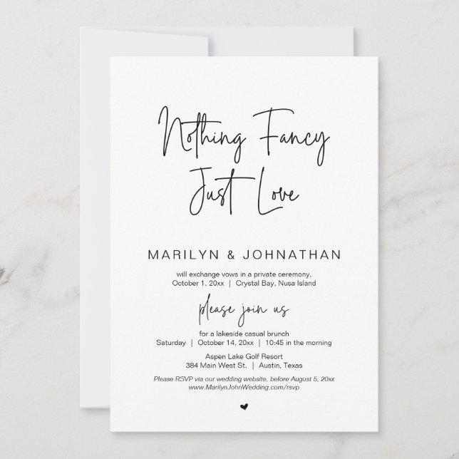 Invitación Nada Fancy, Sólo Amor, Fiesta Boda Elopement (Anverso)