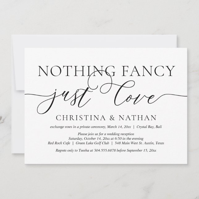Invitación Nada Fancy, Sólo Amor, Fiesta Boda Elopement (Anverso)
