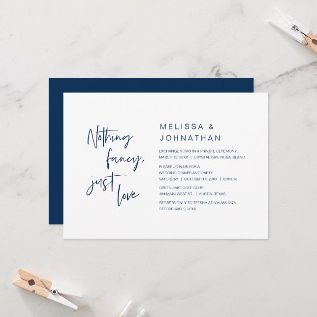 Invitación Nada Fancy, Sólo Amor, Fiesta Boda Elopement (Anverso/Reverso In Situ)