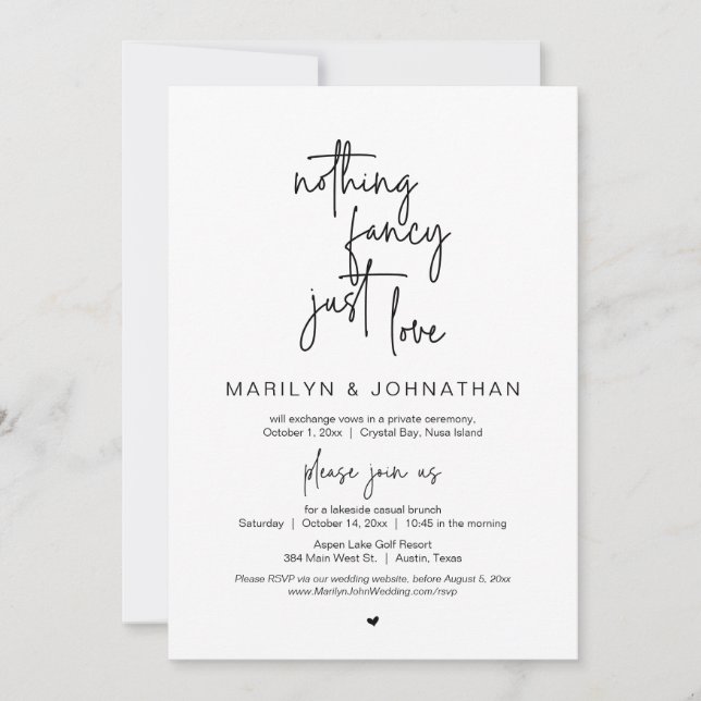 Invitación Nada Fancy, Sólo Amor, Fiesta Boda Elopement (Anverso)