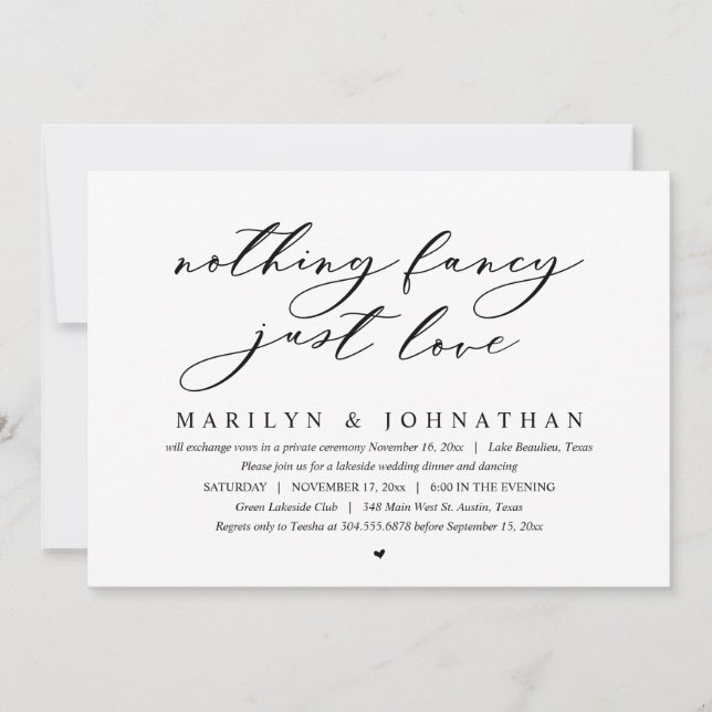 Invitación Nada Fancy, Sólo Amor, Fiesta Boda Elopement (Anverso)
