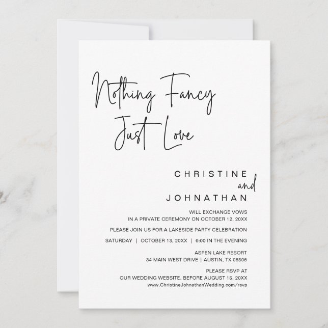 Invitación Nada Fancy, Sólo Amor, Fiesta Boda Elopement (Anverso)
