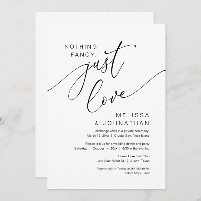 Invitación Nada Fancy, Sólo Amor, Fiesta Boda Elopement (Anverso / Reverso)