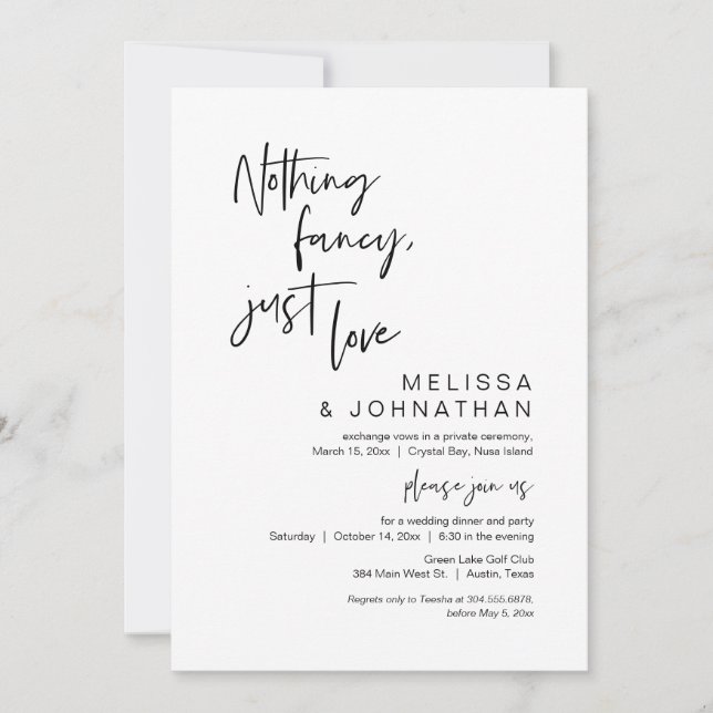 Invitación Nada Fancy, Sólo Amor, Fiesta Boda Elopement (Anverso)