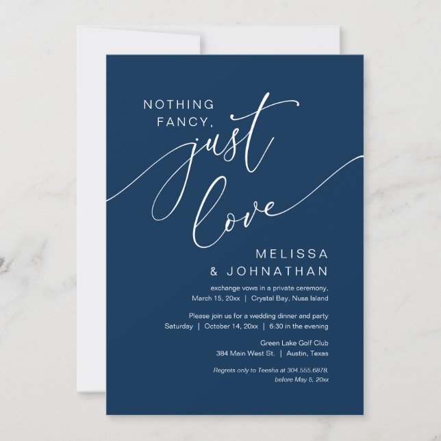 Invitación Nada Fancy, Sólo Amor, Fiesta Boda Elopement (Anverso)