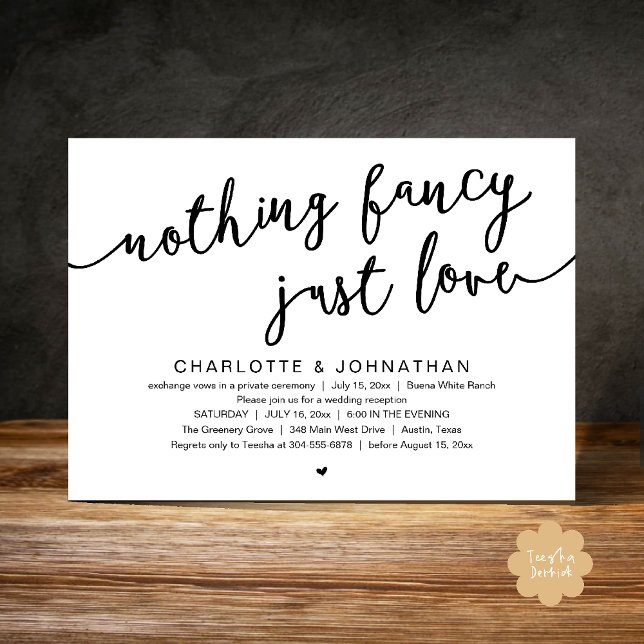 Invitación Nada Fancy, Sólo Amor, Fiesta Boda Elopement (Nothing Fancy, Just Love, Wedding Elopement Dinner Lunch Brunch Party Invites Card  PDF Black White)
