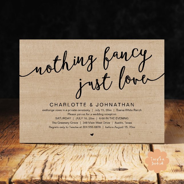 Invitación Nada Fancy, Sólo Amor, Fiesta Boda Elopement (Nothing Fancy, Just Love, Wedding Elopement Dinner Lunch Brunch Party Invites Card  PDF Brown Wood)