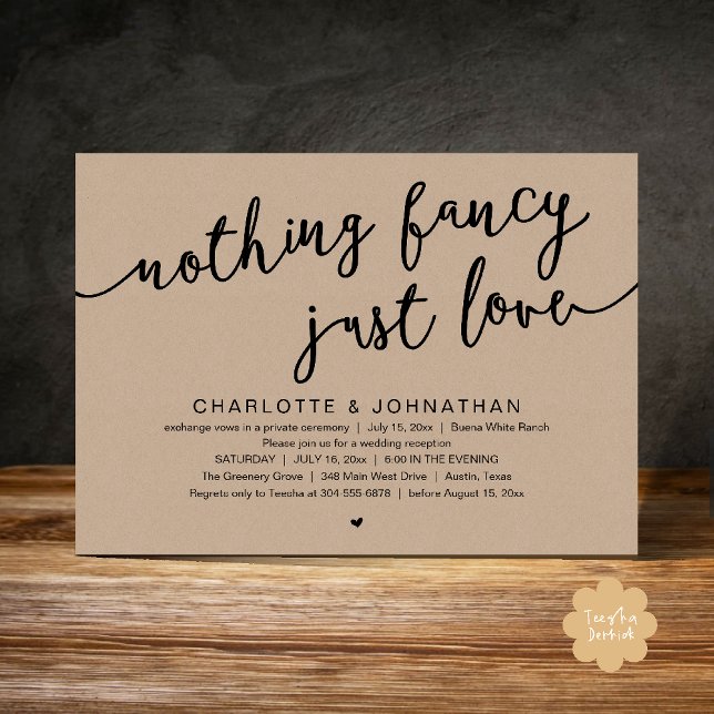 Invitación Nada Fancy, Sólo Amor, Fiesta Boda Elopement (Nothing Fancy, Just Love, Wedding Elopement Dinner Lunch Brunch Party Invites Card  PDF Brown Kraft)