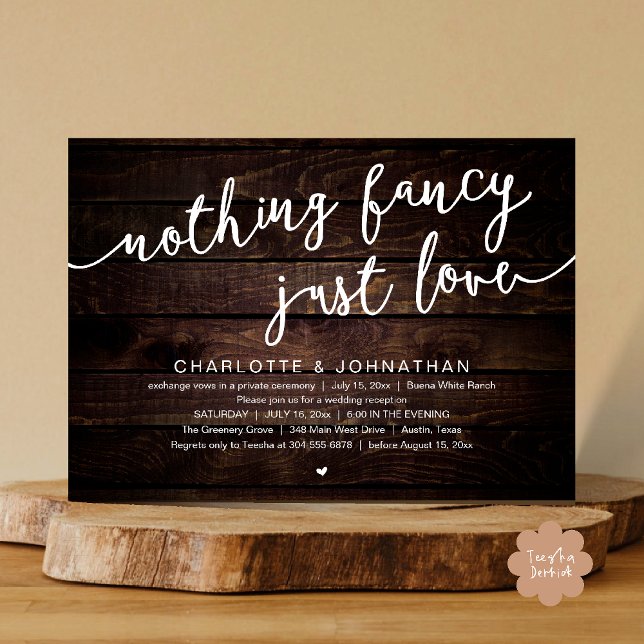 Invitación Nada Fancy, Sólo Amor, Fiesta Boda Elopement (Nothing Fancy, Just Love, Wedding Elopement Dinner Lunch Brunch Party Invites Card  PDF Dark Wood)