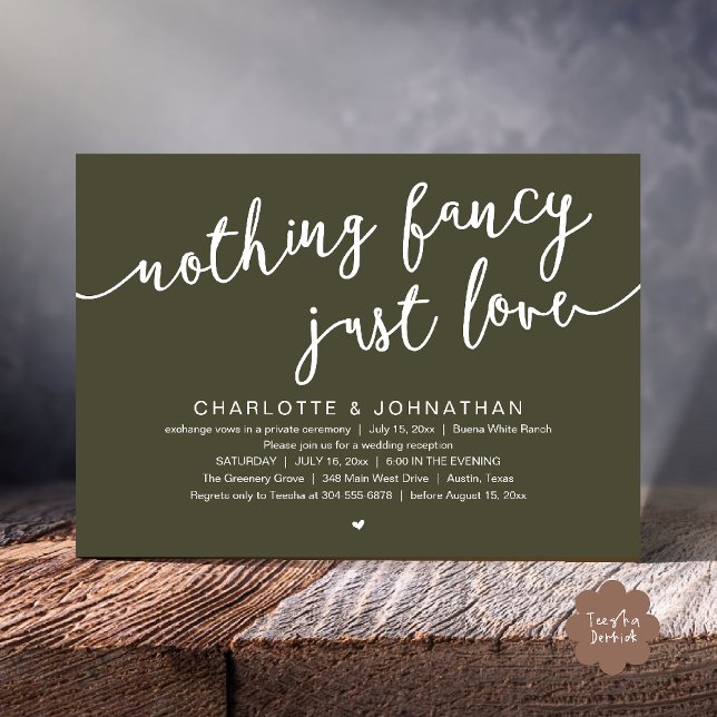 Invitación Nada Fancy, Sólo Amor, Fiesta Boda Elopement (Nothing Fancy, Just Love, Wedding Elopement Dinner Lunch Brunch Party Invites Card  PDF Olive Green)