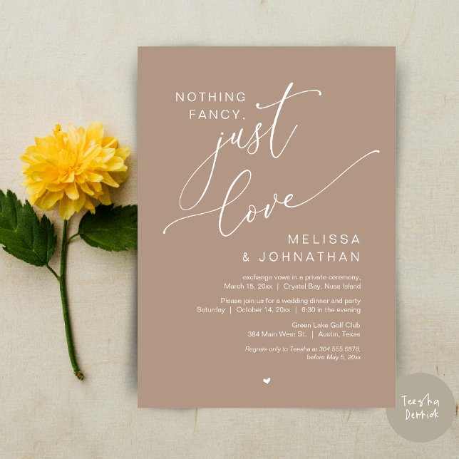 Invitación Nada Fancy, Sólo Amor, Fiesta Boda Elopement (Nothing Fancy, Just Love, Wedding Elopement Dinner Party Invitation Card, PDF, In Warm Taupe)