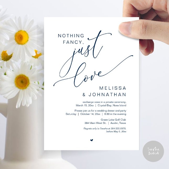Invitación Nada Fancy, Sólo Amor, Fiesta Boda Elopement (Nothing Fancy, Just Love, Wedding Elopement Dinner Party Invitation Card, PDF, In Navy Blue)