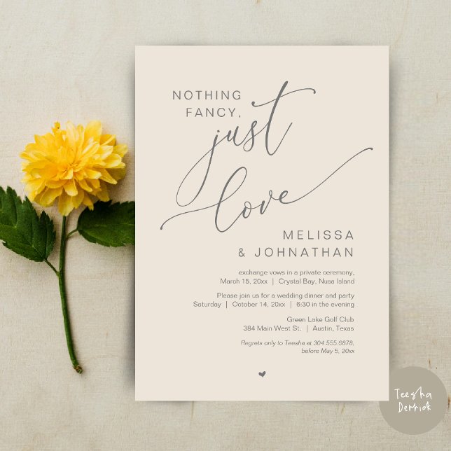 Invitación Nada Fancy, Sólo Amor, Fiesta Boda Elopement (Nothing Fancy, Just Love, Wedding Elopement Dinner Party Invitation Card, PDF, In Cream and Grey)