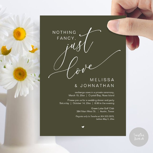 Invitación Nada Fancy, Sólo Amor, Fiesta Boda Elopement (Nothing Fancy, Just Love, Wedding Elopement Dinner Party Invitation Card, PDF, In Olive Green)