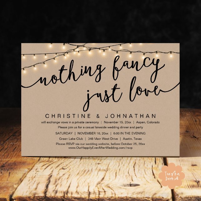 Invitación Nada Fancy, Sólo Amor, Fiesta Boda Elopement (Nothing Fancy, Just Love, Wedding Elopement Party Invites Card PDF Rustic Brown Kraft String Lights)