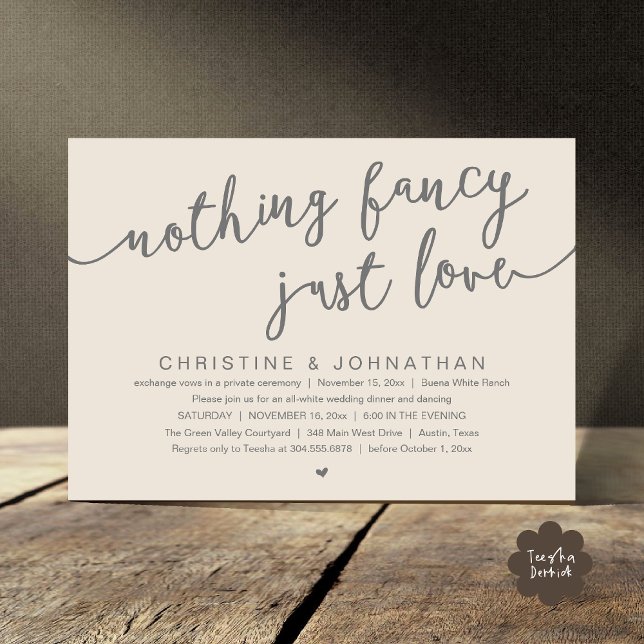 Invitación Nada Fancy, Sólo Amor, Fiesta Boda Elopement (Nothing Fancy, Just Love, Wedding Elopement Party Invites Card PDF Modern Cottage Rustic Cream Grey)