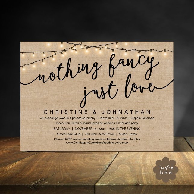 Invitación Nada Fancy, Sólo Amor, Fiesta Boda Elopement (Nothing Fancy, Just Love, Wedding Elopement Party Invites Card PDF Rustic Cottage Light Brown Wood)