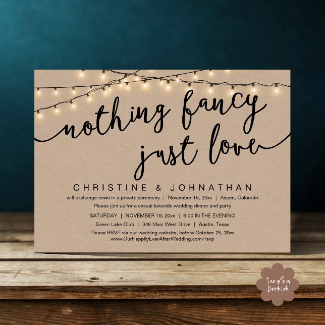 Invitación Nada Fancy, Sólo Amor, Fiesta Boda Elopement (Nothing Fancy, Just Love, Wedding Elopement Party Invites Card PDF Rustic Cottage Light Brown Kraft)