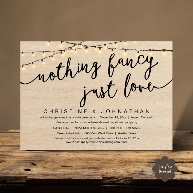 Invitación Nada Fancy, Sólo Amor, Fiesta Boda Elopement (Nothing Fancy, Just Love, Wedding Elopement Party Invites Card PDF Rustic Cottage Light Brown Wood)