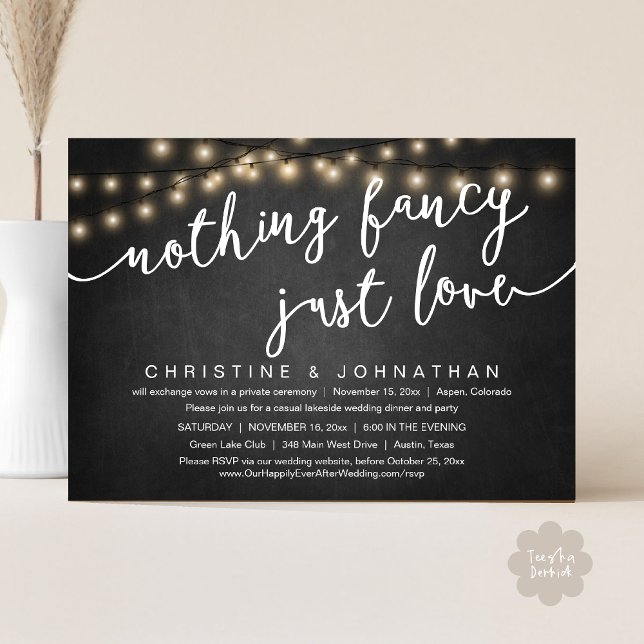 Invitación Nada Fancy, Sólo Amor, Fiesta Boda Elopement (Nothing Fancy, Just Love, Wedding Elopement Party Invites Card PDF String Lights Black Chalkboard)