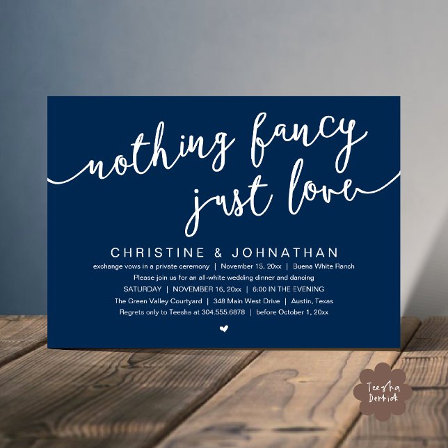 Invitación Nada Fancy, Sólo Amor, Fiesta Boda Elopement (Nothing Fancy, Just Love, Wedding Elopement Party Invites Card PDF Modern Cottage Rustic Navy Blue)