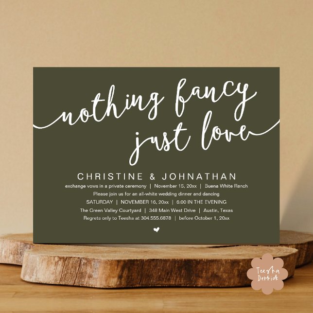 Invitación Nada Fancy, Sólo Amor, Fiesta Boda Elopement (Nothing Fancy, Just Love, Wedding Elopement Party Invites Card PDF Modern Cottage Rustic Olive Green)
