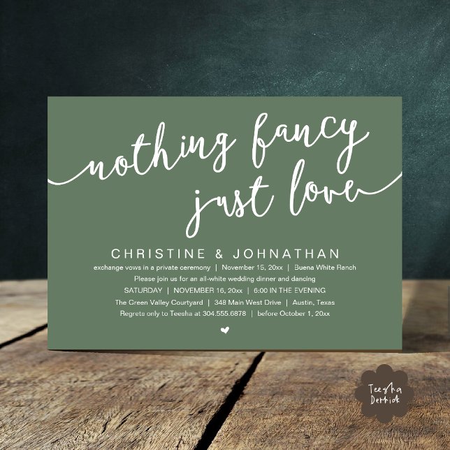 Invitación Nada Fancy, Sólo Amor, Fiesta Boda Elopement (Nothing Fancy, Just Love, Wedding Elopement Party Invites Card PDF Cottage Rustic Sage Green)