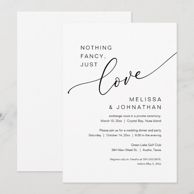 Invitación Nada Fancy, Sólo Amor, Fiesta Boda Elopement (Anverso / Reverso)
