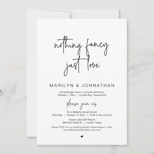 Invitación Nada Fancy, Sólo Amor, Fiesta Boda Elopement (Anverso)